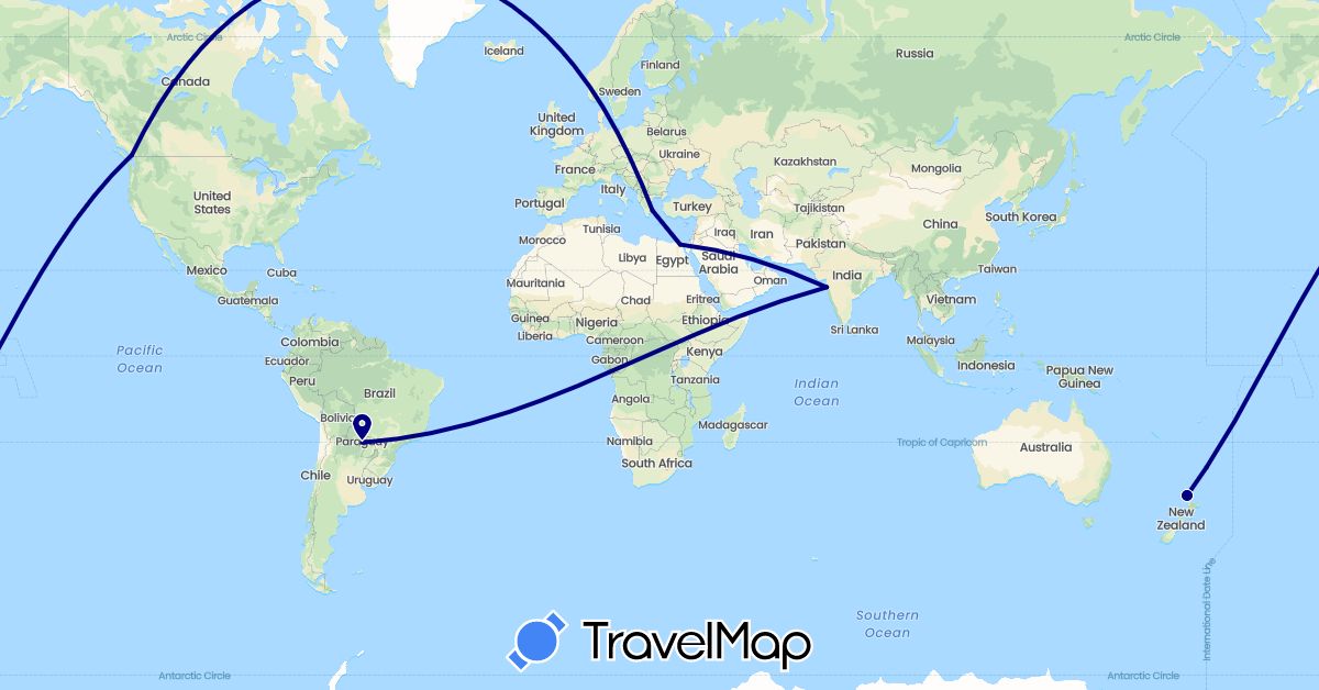 TravelMap itinerary: driving in Canada, Egypt, Greece, India, New Zealand, Solomon Islands (Africa, Asia, Europe, North America, Oceania)